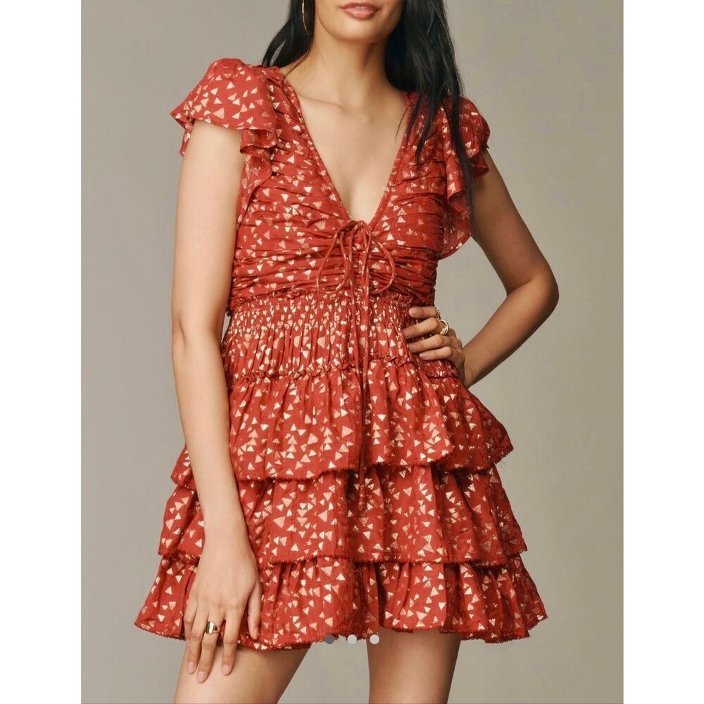 Anthropologie Mini Dress Short Sleeve Ruffled V neck Garnet Red size Large‎